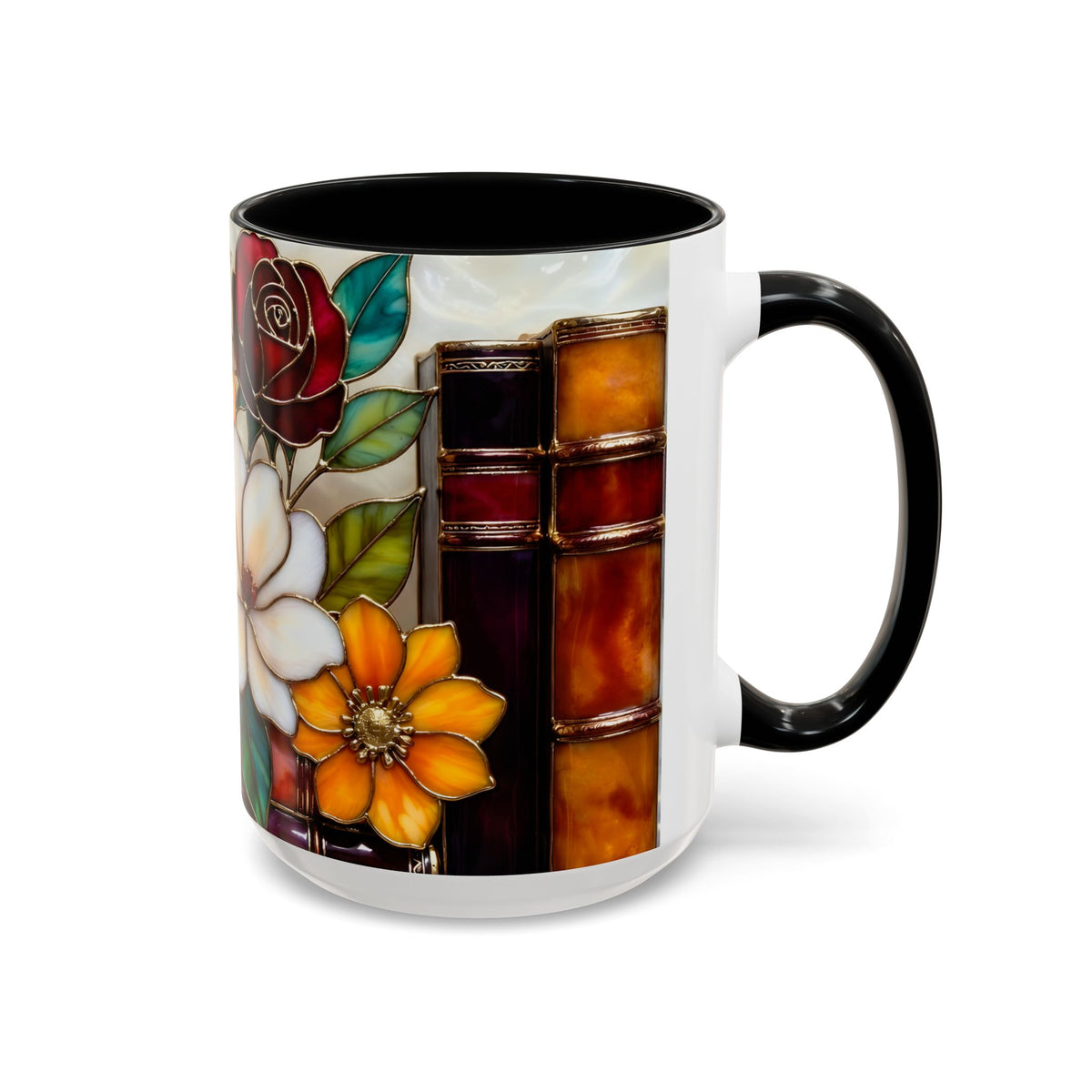 Floral Bookshelf Mug, Stained Glass Style Flowers & Bees Mug 15oz, Garden Book Lover Gift