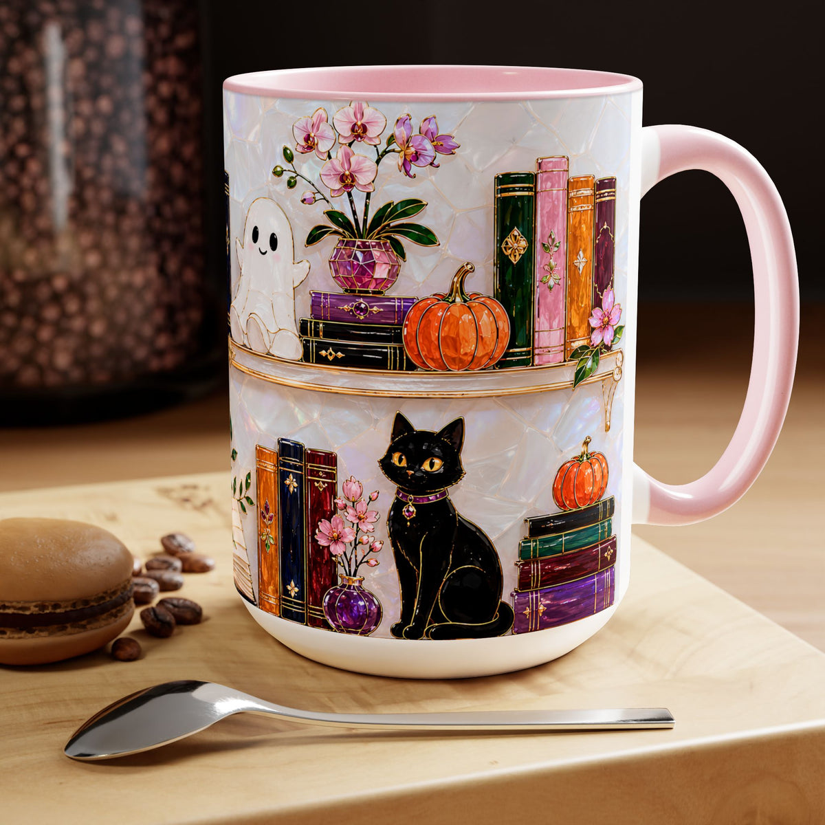 Halloween Ghost Bookshelf Mug, Cute Ghost Coffee Mug, Book Lover Gift, Pink Halloween Mug, Witchy Books Mug, Black Cat Mug, Fall Coffee Cup