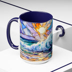 Stained Glass Style Ocean Wave Mug, Colorful Coastal Coffee Cup, Beach Sunrise Ceramic, Ocean Lover Gift Cup 15oz