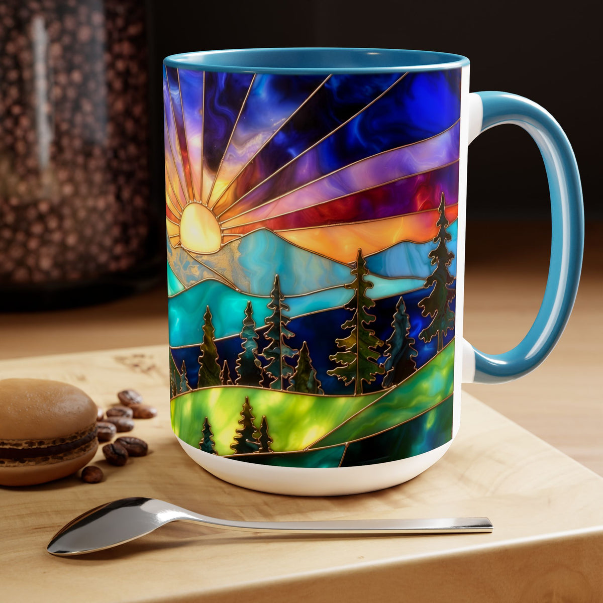 Stained Glass Style Sunset Mountains Coffee Mug, Pine Forest Cup Gift 15oz
