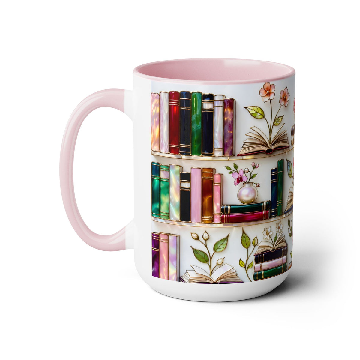 Stained Glass Bookshelf Mug, Book Lover Gift, Floral Bookish Cup, Library Aesthetic Mug, Ceramic Accent Mug, Reader Gift, Cozy Book Mug