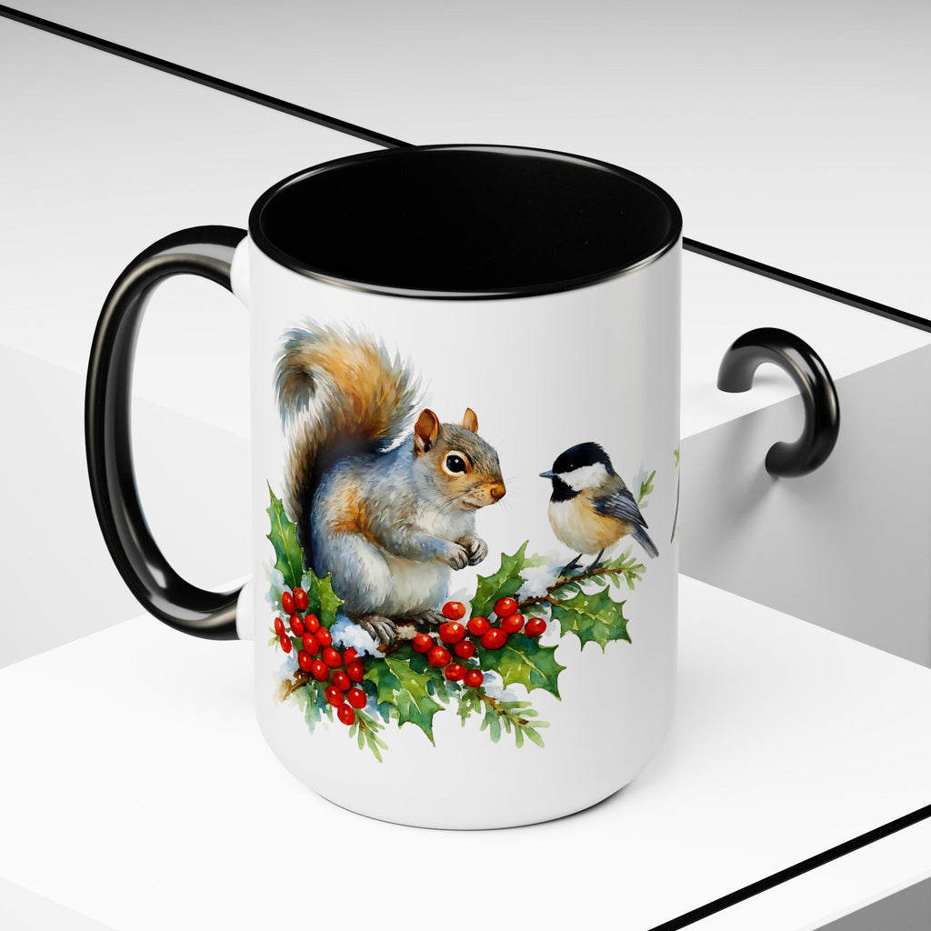 Squirrel and Chickadee Mug, Birds on Snowy Branch Mug, Woodland Retro Christmas Mug, Kitchen Decor Mug, Winter Mug, Squirrel Lover Mug 15oz