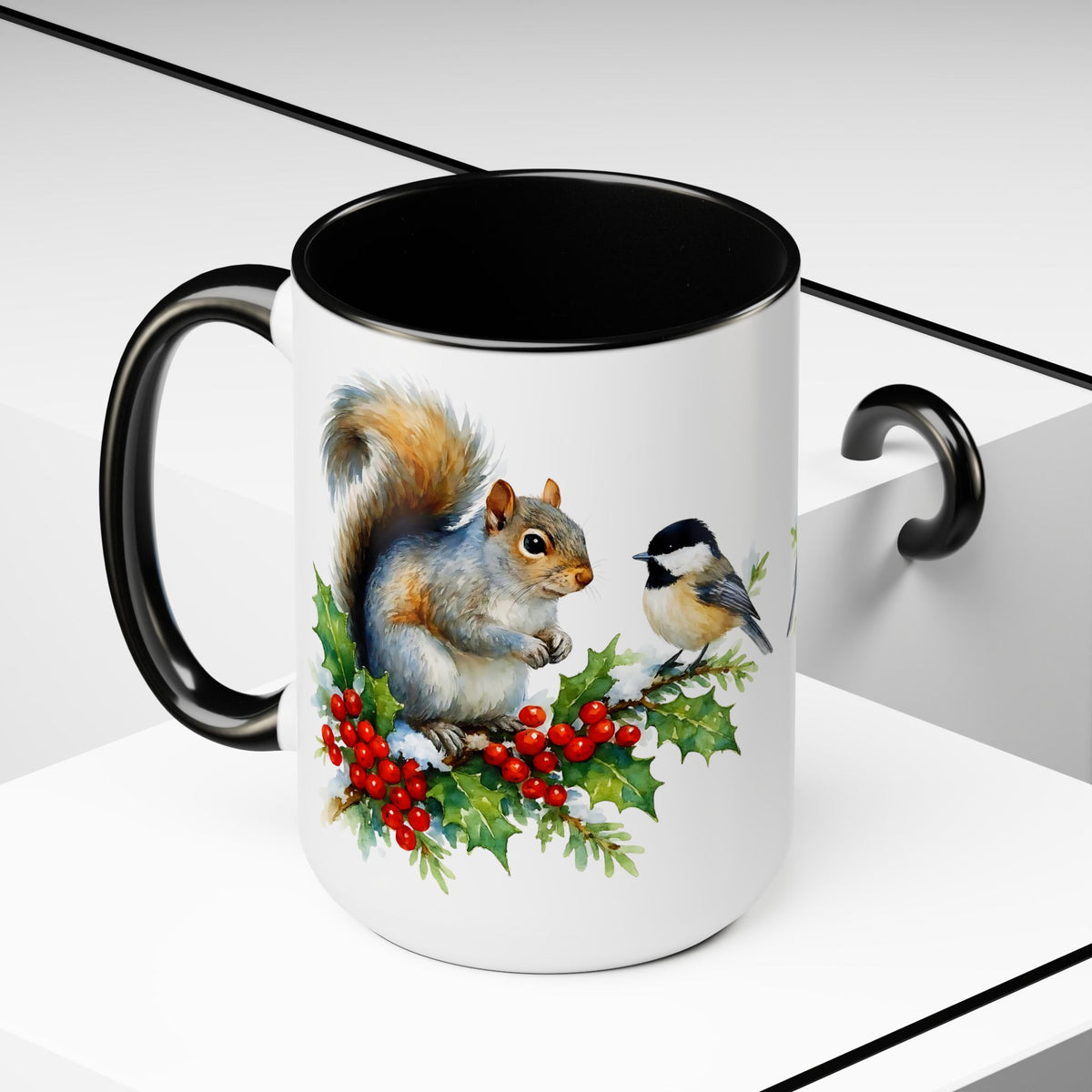 Squirrel and Chickadee Mug, Birds on Snowy Branch Mug, Woodland Retro Christmas Mug, Kitchen Decor Mug, Winter Mug, Squirrel Lover Mug 15oz