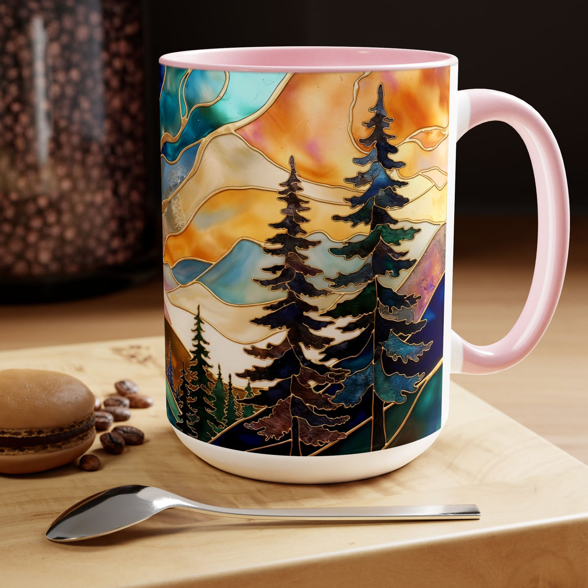 Stained Glass Style Mountain Mug, Forest Landscape Coffee Mug, Nature Lover Gift, Outdoor Adventure Mug, Fathers Day Gift 15oz
