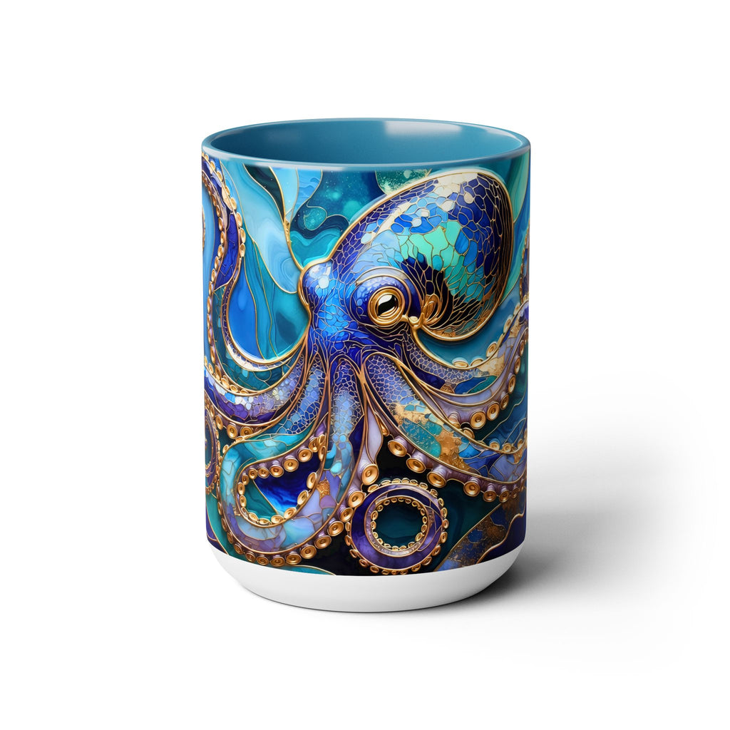Blue Octopus Mug, Stained Glass Style | Ocean Art Coffee Cup, Beach Lover Cup 15oz