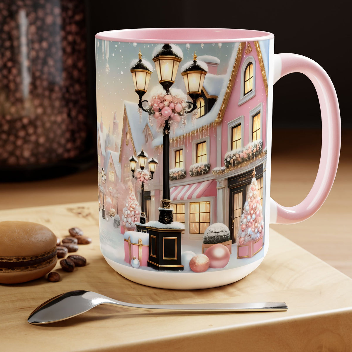 Pink Christmas Village Mug, Christmas Coffee Mug, Elegant Pastel Winter Village Ceramic Cup, Christmas Home Decor Kitchen, Winter Mug 15oz