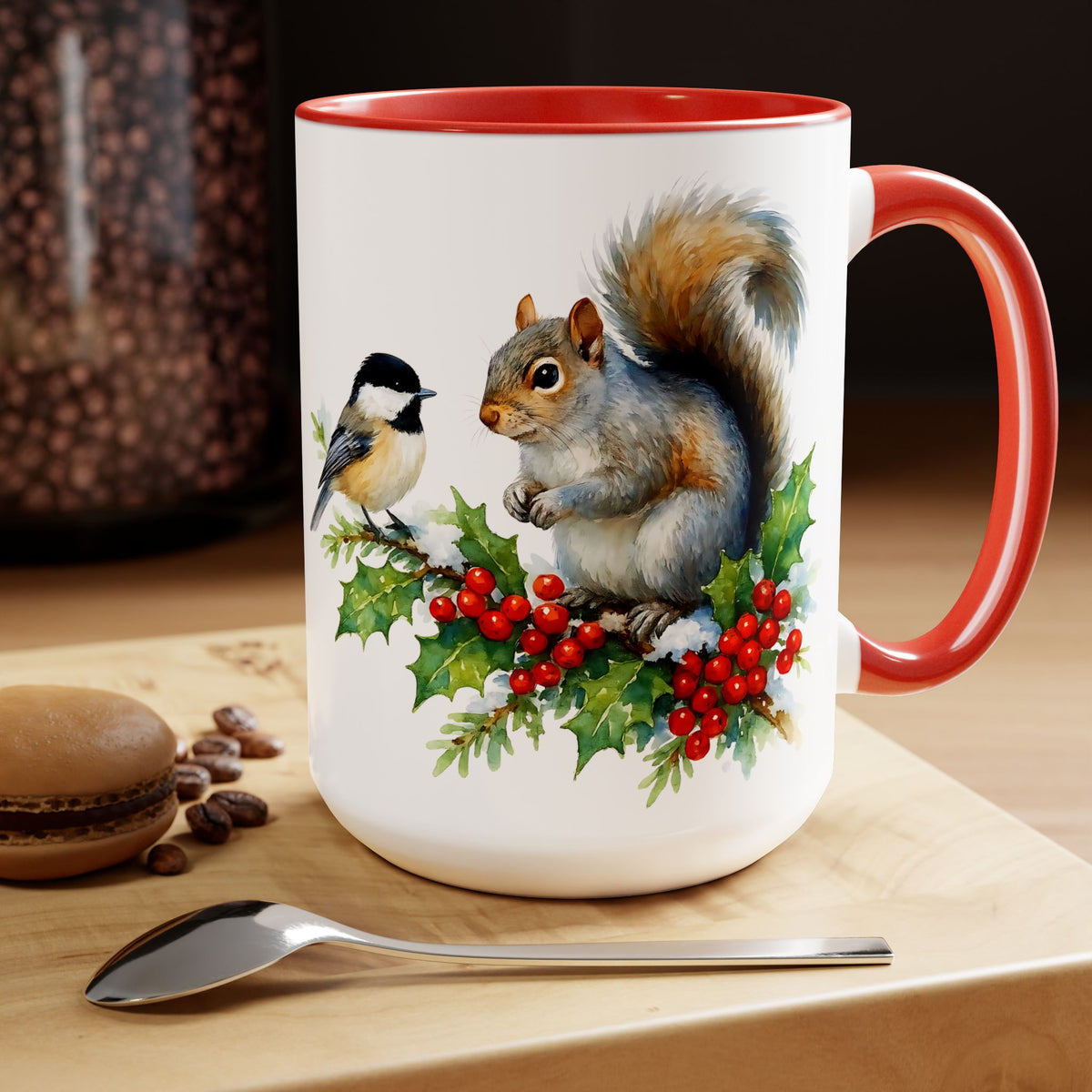 Squirrel and Chickadee Mug, Birds on Snowy Branch Mug, Woodland Retro Christmas Mug, Kitchen Decor Mug, Winter Mug, Squirrel Lover Mug 15oz