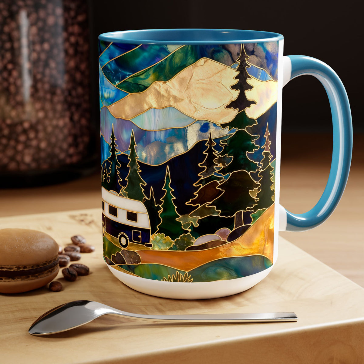 Stained Glass Style Mountain Camper Mug, Camping Coffee Cup, Outdoor Adventure Mug, Nature Lover Gift, Fathers Day Mug, Forest Landscape Cup