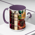 Floral Bookshelf Mug, Stained Glass Style Flowers & Bees Mug 15oz, Garden Book Lover Gift