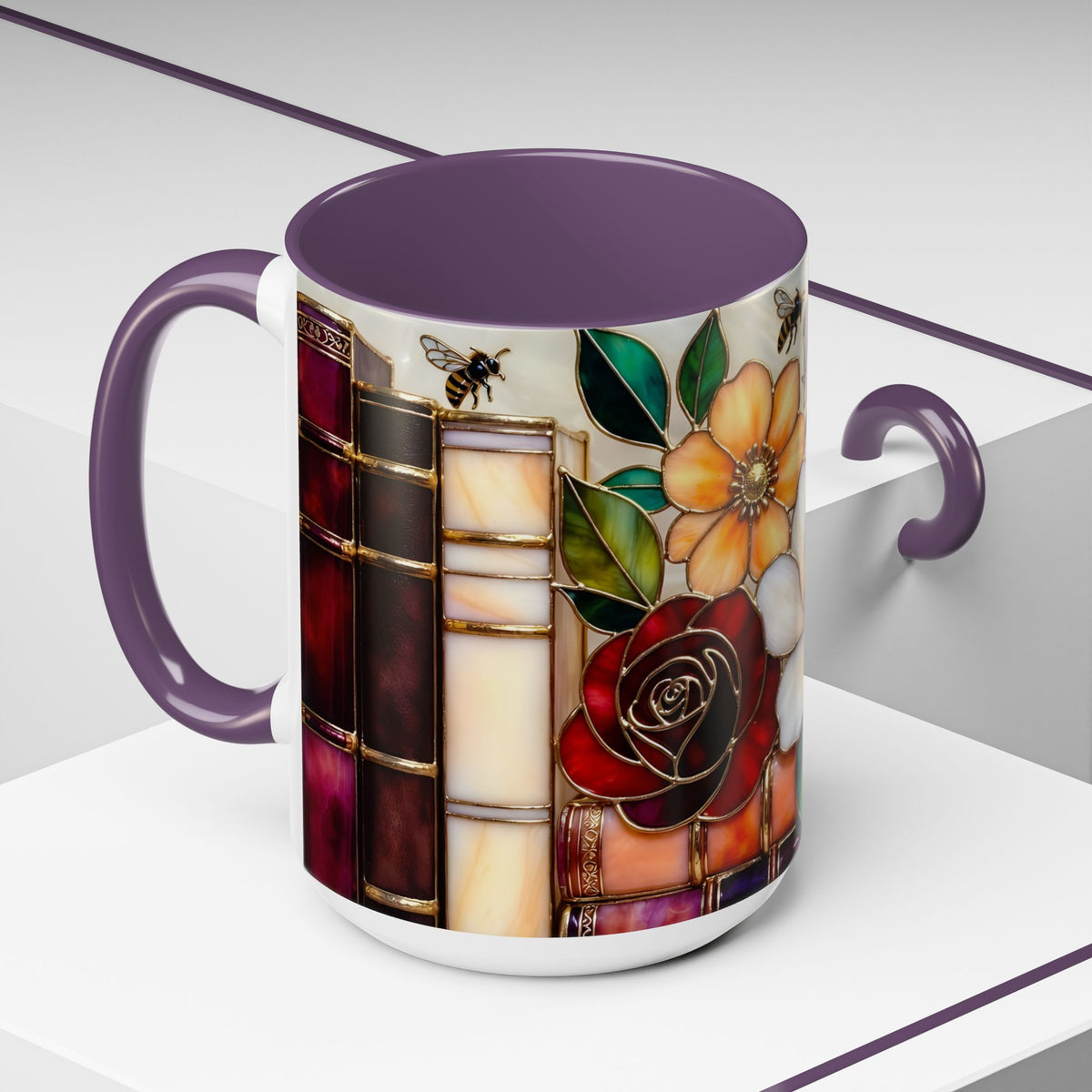Floral Bookshelf Mug, Stained Glass Style Flowers & Bees Mug 15oz, Garden Book Lover Gift