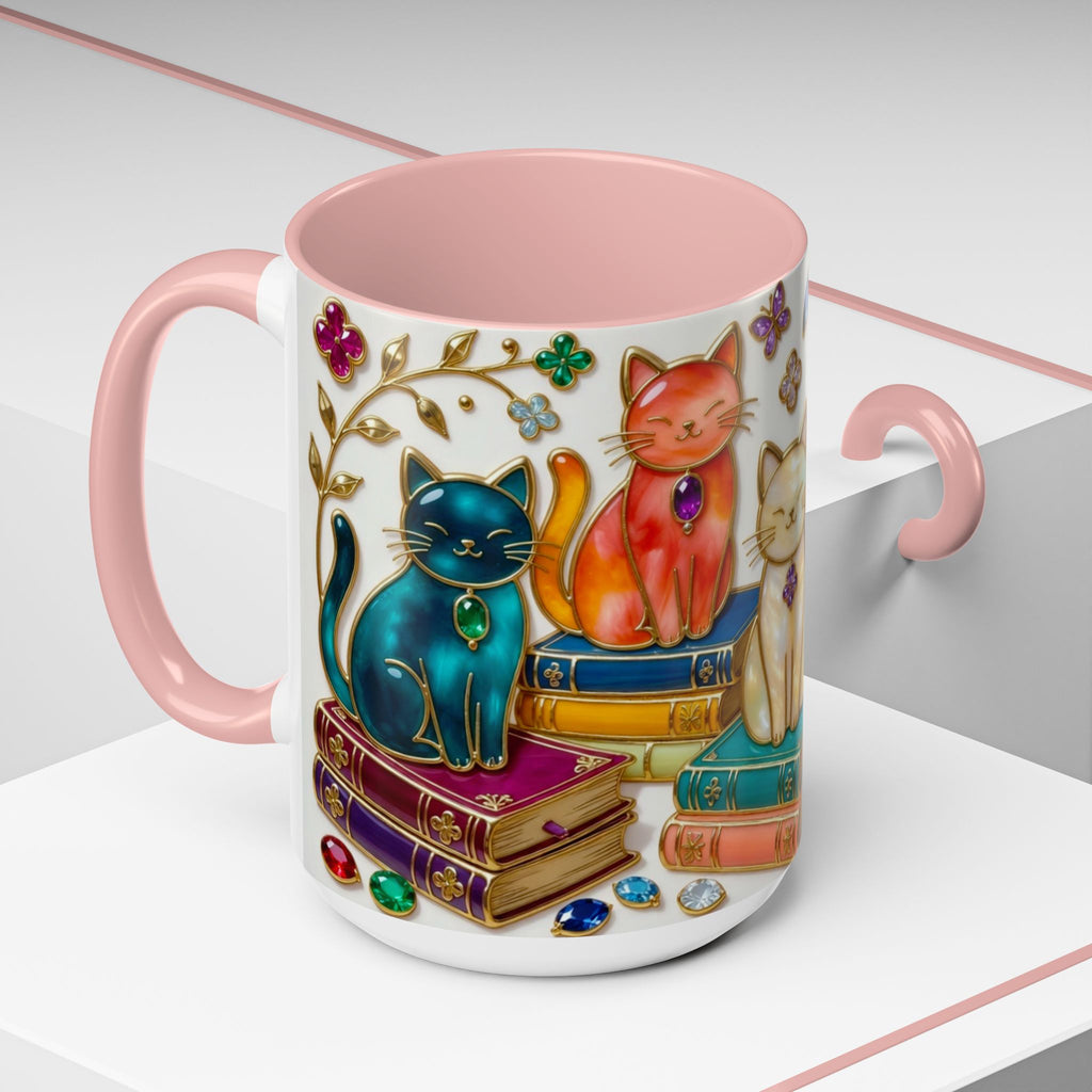 Stained Glass Style Cats Mug, Bookish Cat Art Mug, Jewel Tone Fantasy Cats Cup, Book Lover Mug 15oz