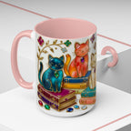 Stained Glass Style Cats Mug, Bookish Cat Art Mug, Jewel Tone Fantasy Cats Cup, Book Lover Mug 15oz