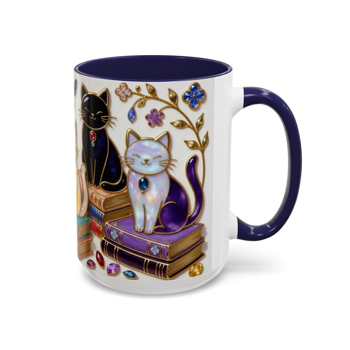 Stained Glass Style Cats Mug, Bookish Cat Art Mug, Jewel Tone Fantasy Cats Cup, Book Lover Mug 15oz