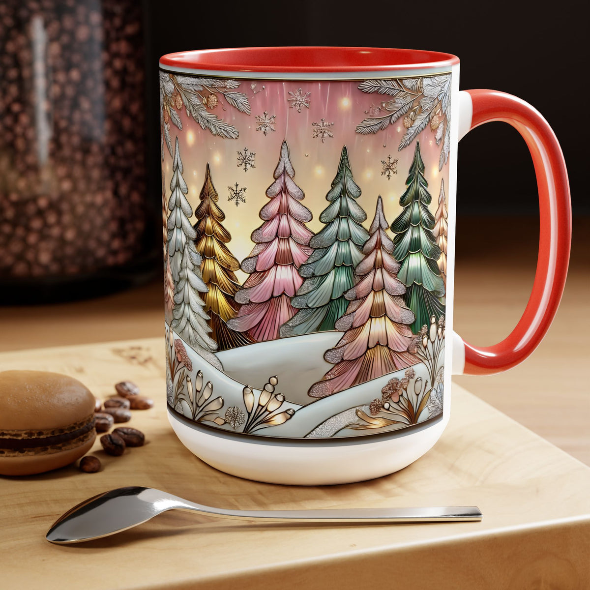 Pink Christmas Tree Mug, Stained Glass Style Forest Coffee Cup, Nature Lover Gift, Holiday Mug for Women, Winter Gift Idea