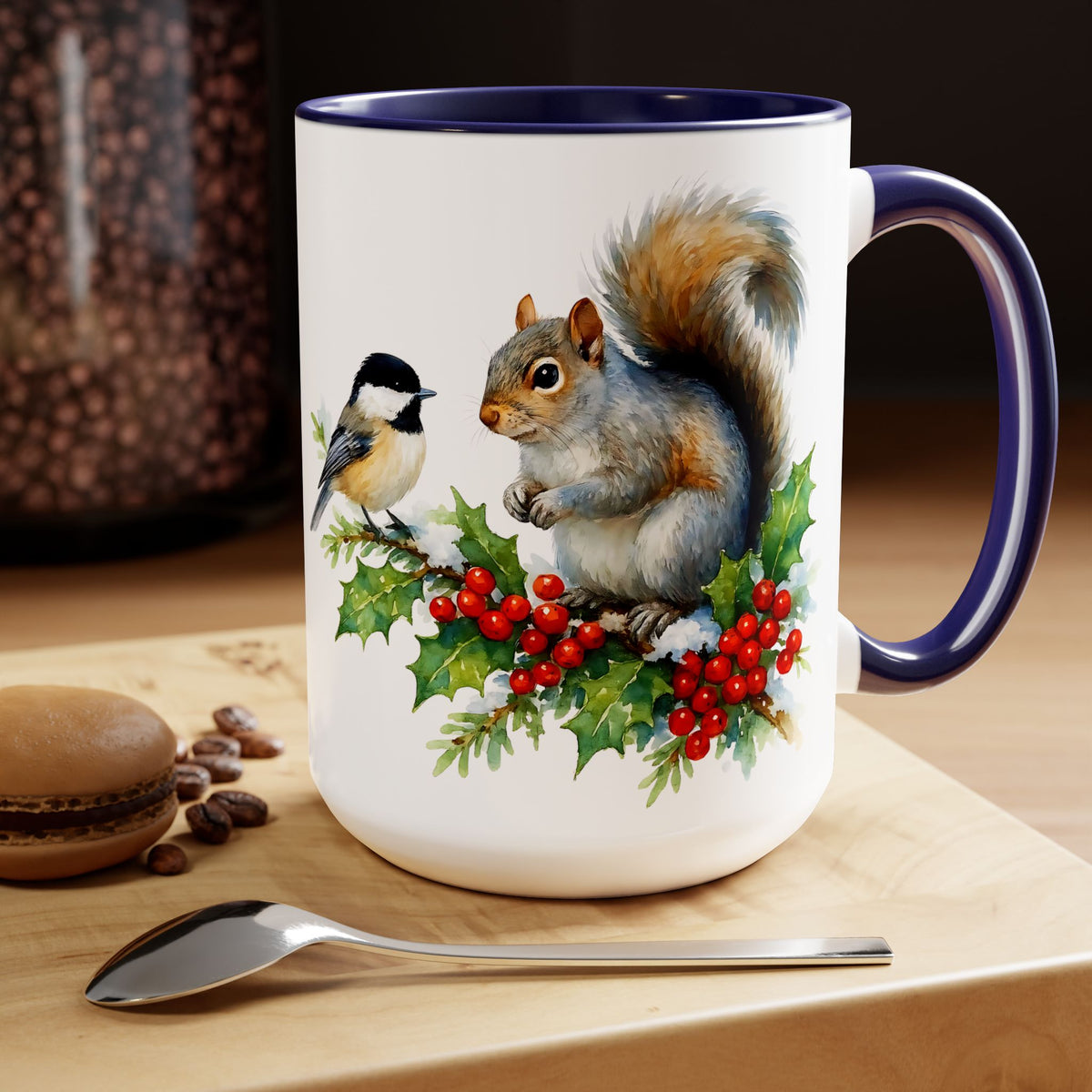 Squirrel and Chickadee Mug, Birds on Snowy Branch Mug, Woodland Retro Christmas Mug, Kitchen Decor Mug, Winter Mug, Squirrel Lover Mug 15oz