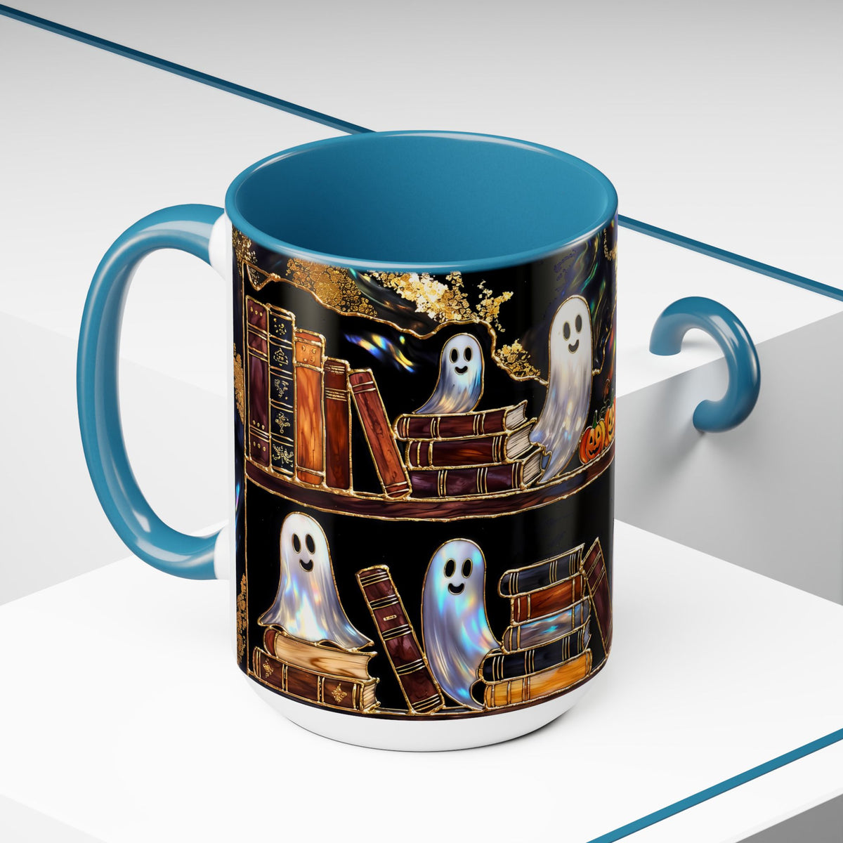 Halloween Ghost Bookshelf Mug, Cute Ghost Coffee Mug, Book Lover Gift, Spooky Books Mug, Fall Mug, Gothic Library Cup, Dark Academia Mug
