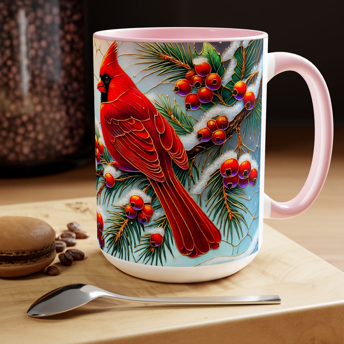 Cardinal Winter Mug, Stained Glass Style Birds on Snowy Branch Mug, Bird Retro Christmas Mug 15oz