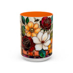 Floral Bookshelf Mug, Stained Glass Style Flowers & Bees Mug 15oz, Garden Book Lover Gift