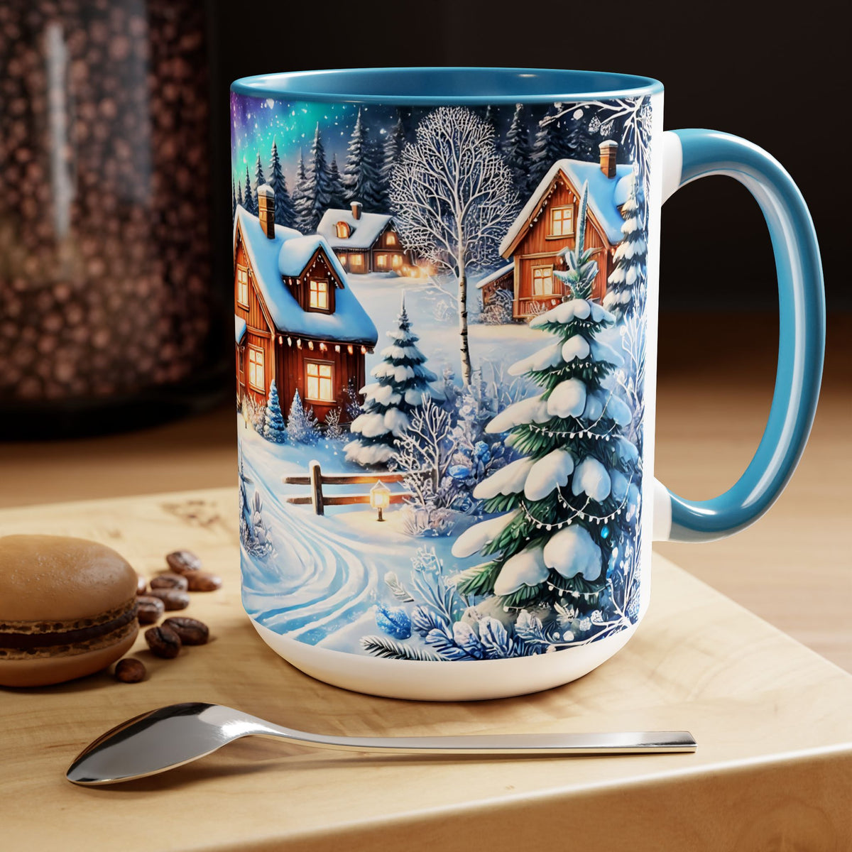 Christmas Mug, Christmas Nordic Village Mug, Christmas Cabin Mug, Aurora Winter Mug, Unique Christmas Gift, Big Mug, Vintage Style Mug 15oz
