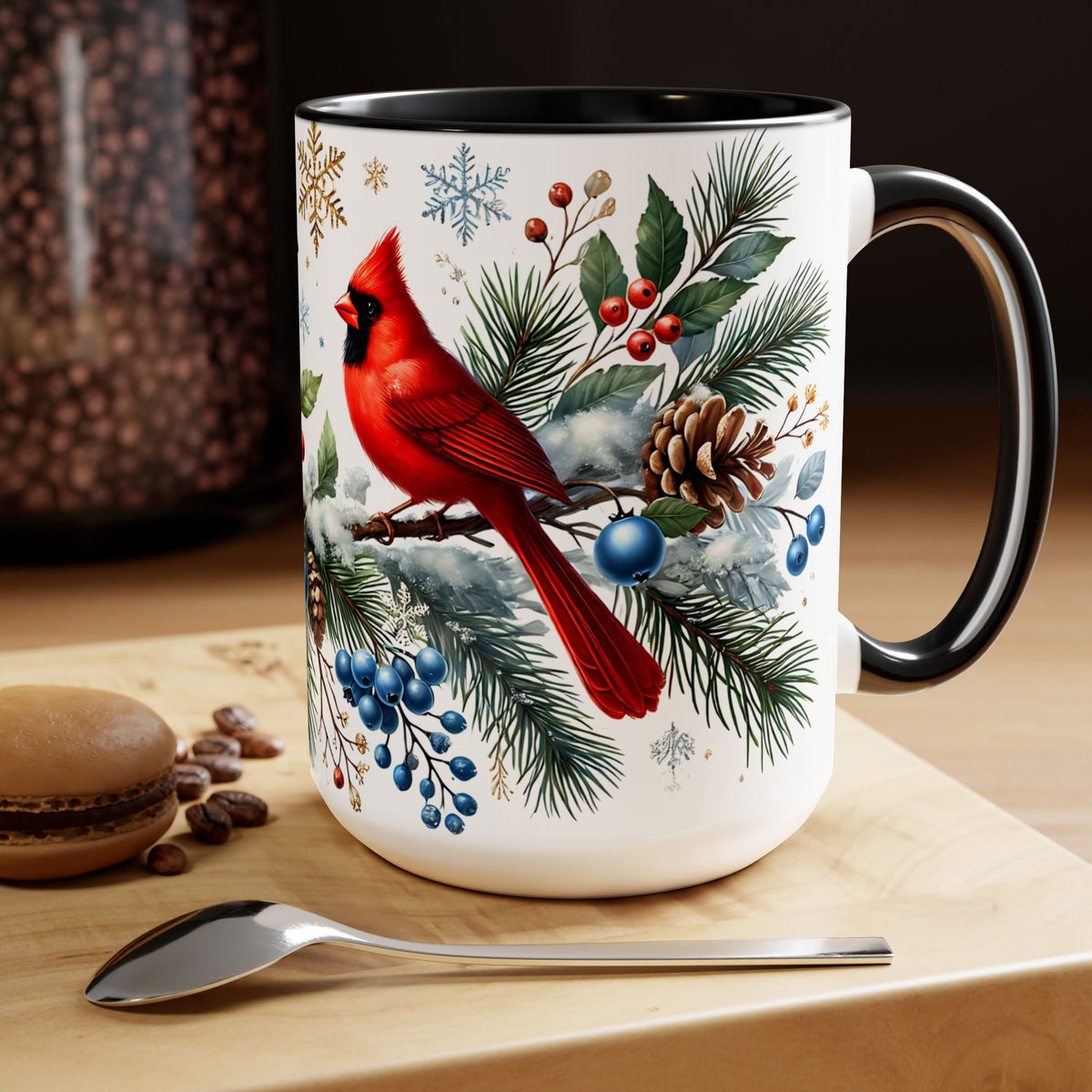 Cardinal Blue Jay Mug, Bird on Snowy Branch Mug, Bird Retro Christmas Mug, Cottagecore Mug, Christmas Kitchen Decor Mug, Winter Mug 15oz