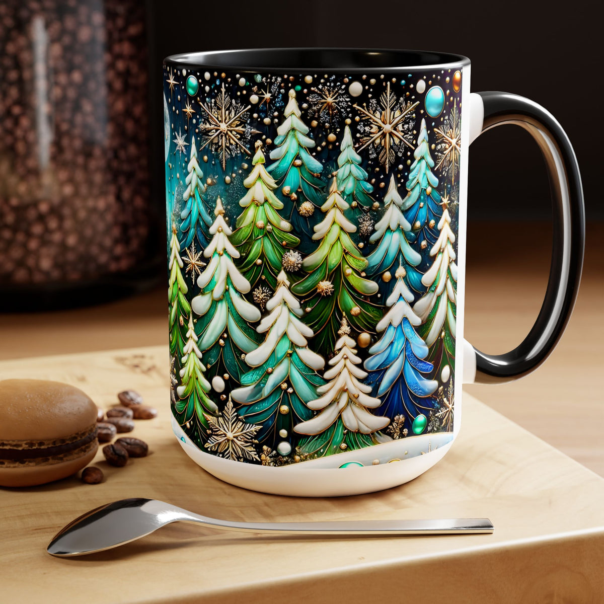 Pine Forest Mug 15oz, Stained Glass Style Coffee Cup, Winter Evergreen Tree Mug, Nature Lover Christmas Gift