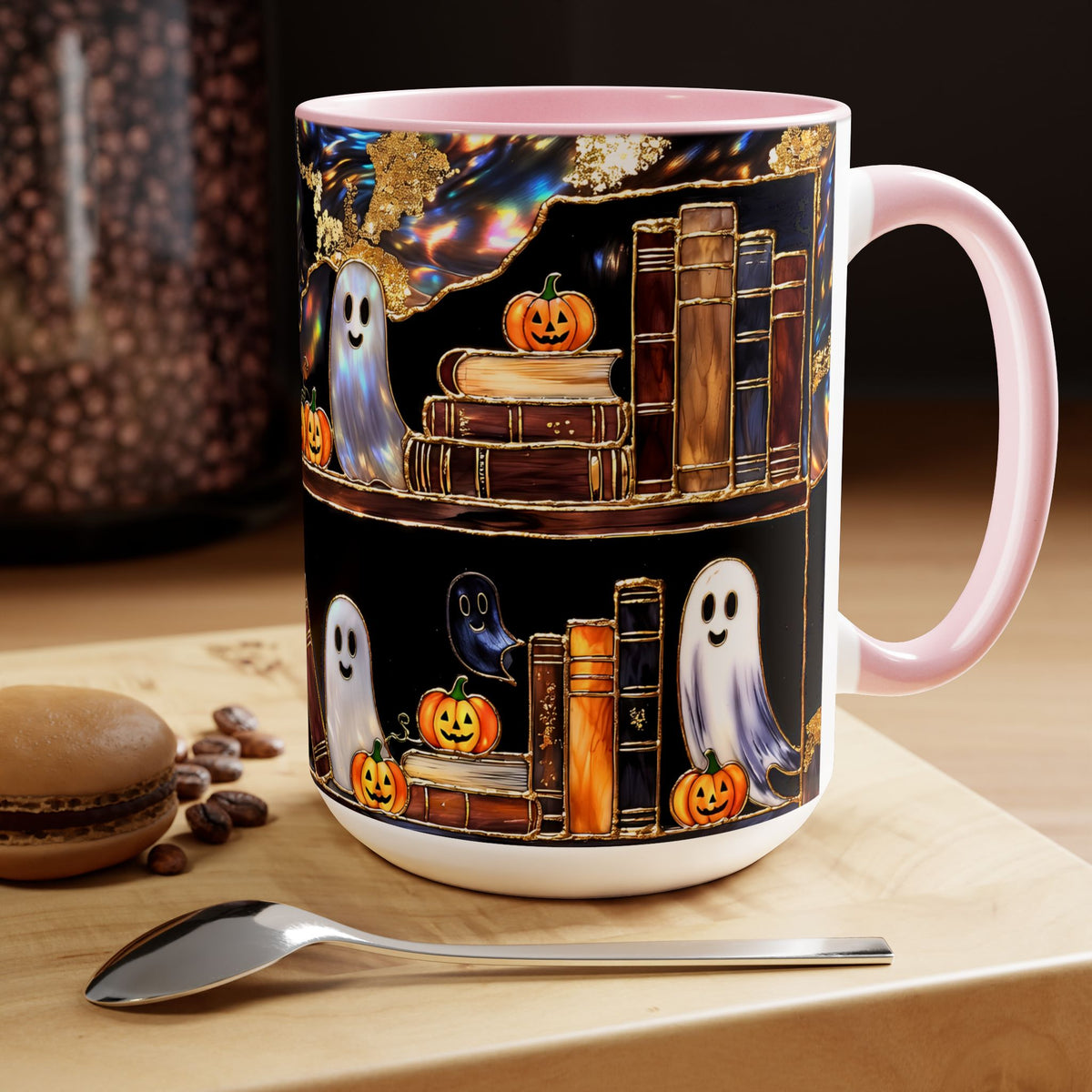 Halloween Ghost Bookshelf Mug, Cute Ghost Coffee Mug, Book Lover Gift, Spooky Books Mug, Fall Mug, Gothic Library Cup, Dark Academia Mug