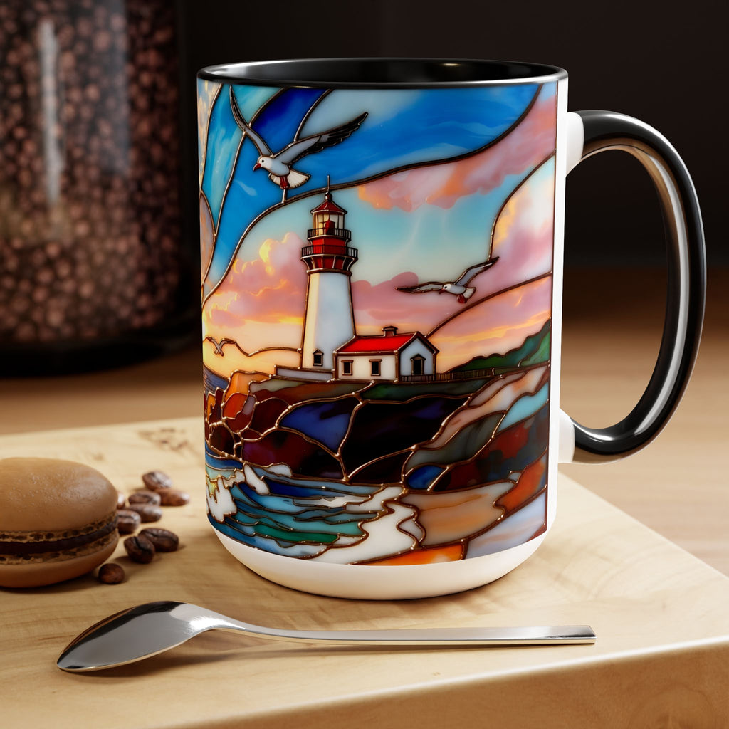 Lighthouse Sunset Mug, Coastal Stained Glass Style Coffee Cup, Nautical Coffee Mug 15oz