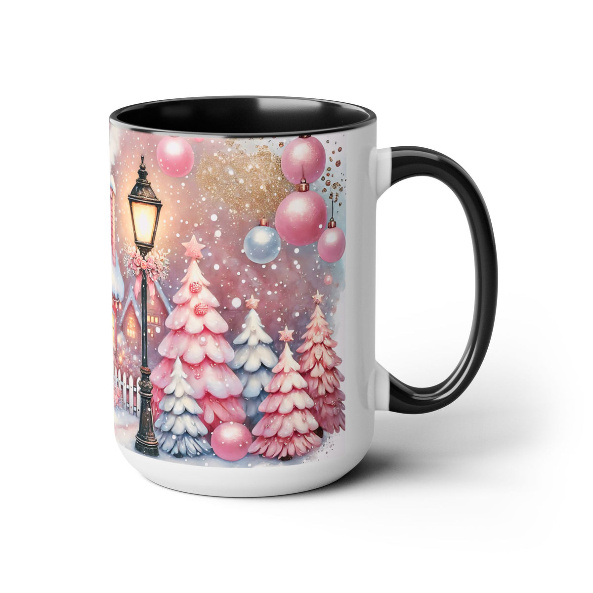 Pink Christmas Village Mug, Christmas Coffee Mug Gift, Merry Christmas Mug, Pink Winter Mug, Holiday Kitchen Decor, Elegant Coffee Mug 15oz