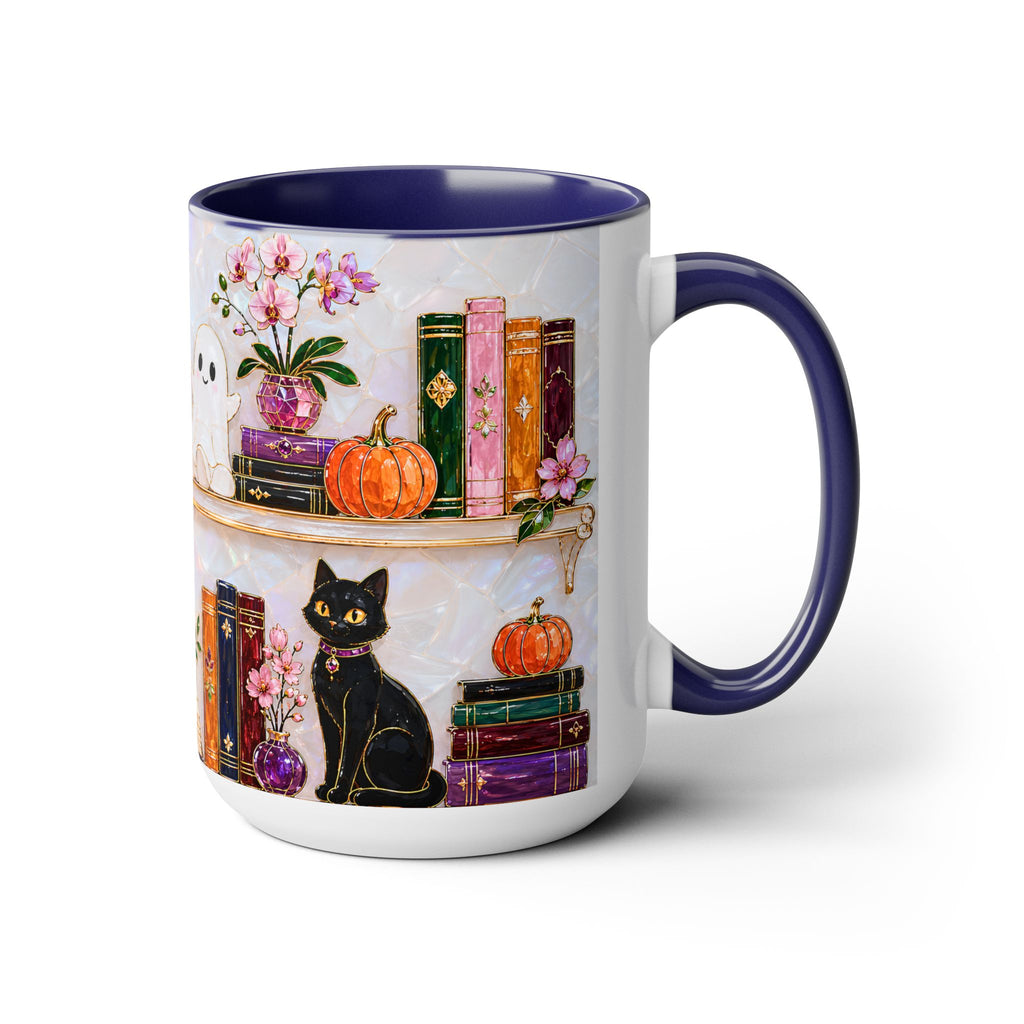 Halloween Ghost Bookshelf Mug, Cute Ghost Coffee Mug, Book Lover Gift, Pink Halloween Mug, Witchy Books Mug, Black Cat Mug, Fall Coffee Cup