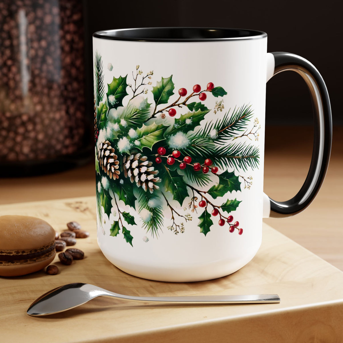 Snowy Garland Coffee Mug, Christmas Wreath Mug, Winter Holiday Ceramic Mug, Festive Garland Drinkware, Holiday Season Classy Mug Gift 15oz