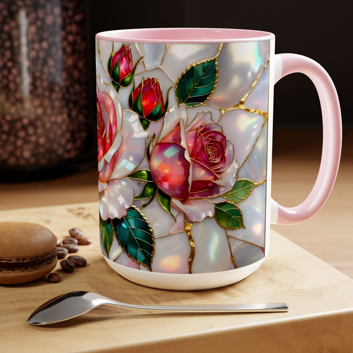 Stained Glass Style Rose Mug, Cottagecore Floral Ceramic Coffee Cup, Vintage Style Ceramic Drinkware, Boho Mug
