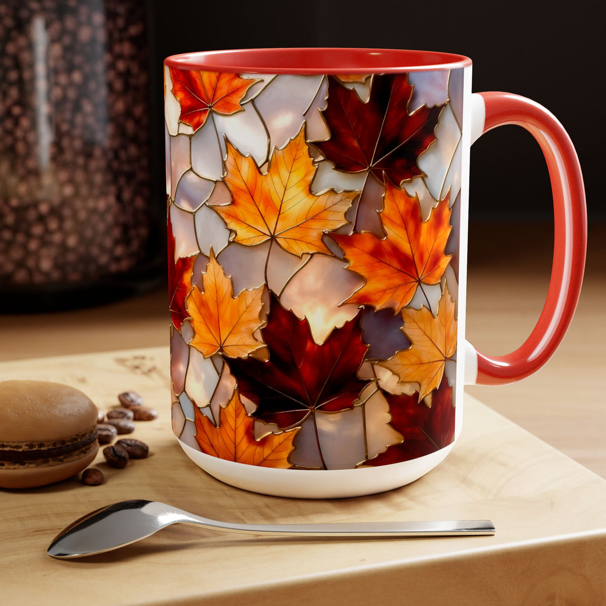 Autumn Maple Leaf Mug, Fall Stained-Glass Style Coffee Cup, Cozy Ceramic Seasonal Mug, Thanksgiving Gift Mug, Botanical Mug, Nature Mug 15oz