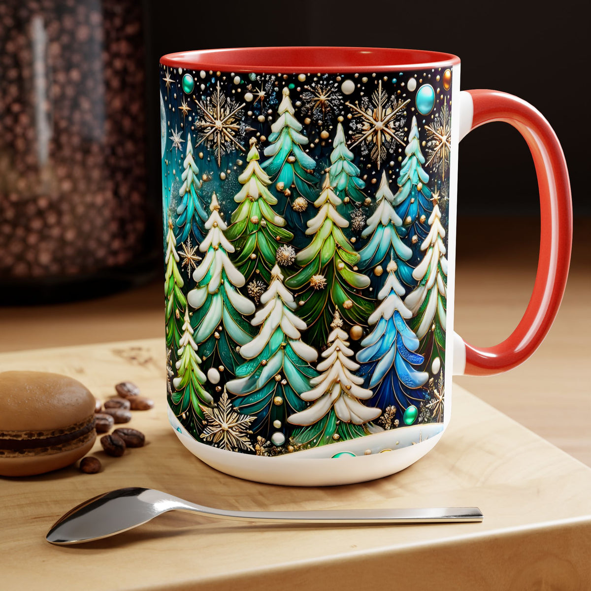 Pine Forest Mug 15oz, Stained Glass Style Coffee Cup, Winter Evergreen Tree Mug, Nature Lover Christmas Gift