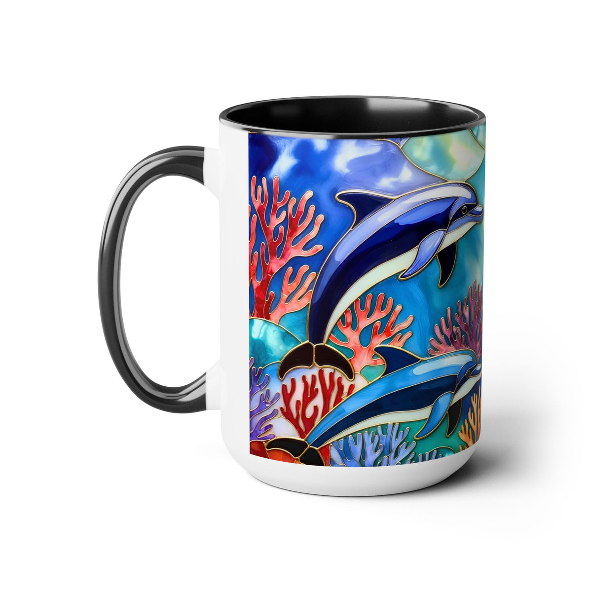 Dolphin Mug, Stained Glass Style Mug, Ocean Lover Gift, Ocean Lover Cup 15oz