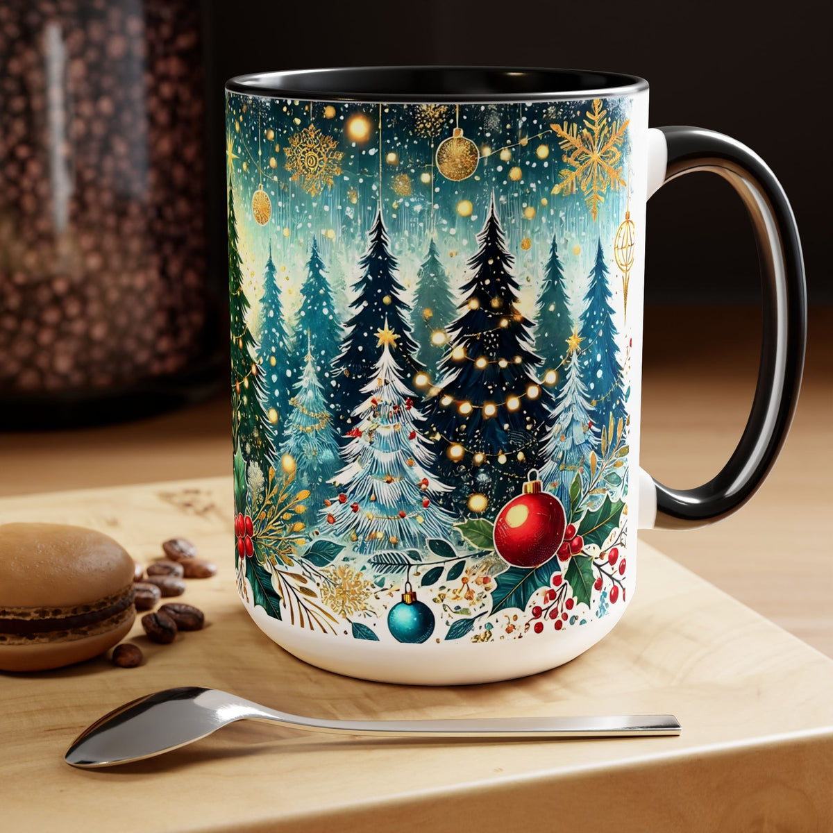 Christmas Mug, Festive Christmas Coffee Mug, Vintage Style Holiday Mug, Classic Christmas Tree Mug, Kitchen Decor Mug, Forest Mug 15oz