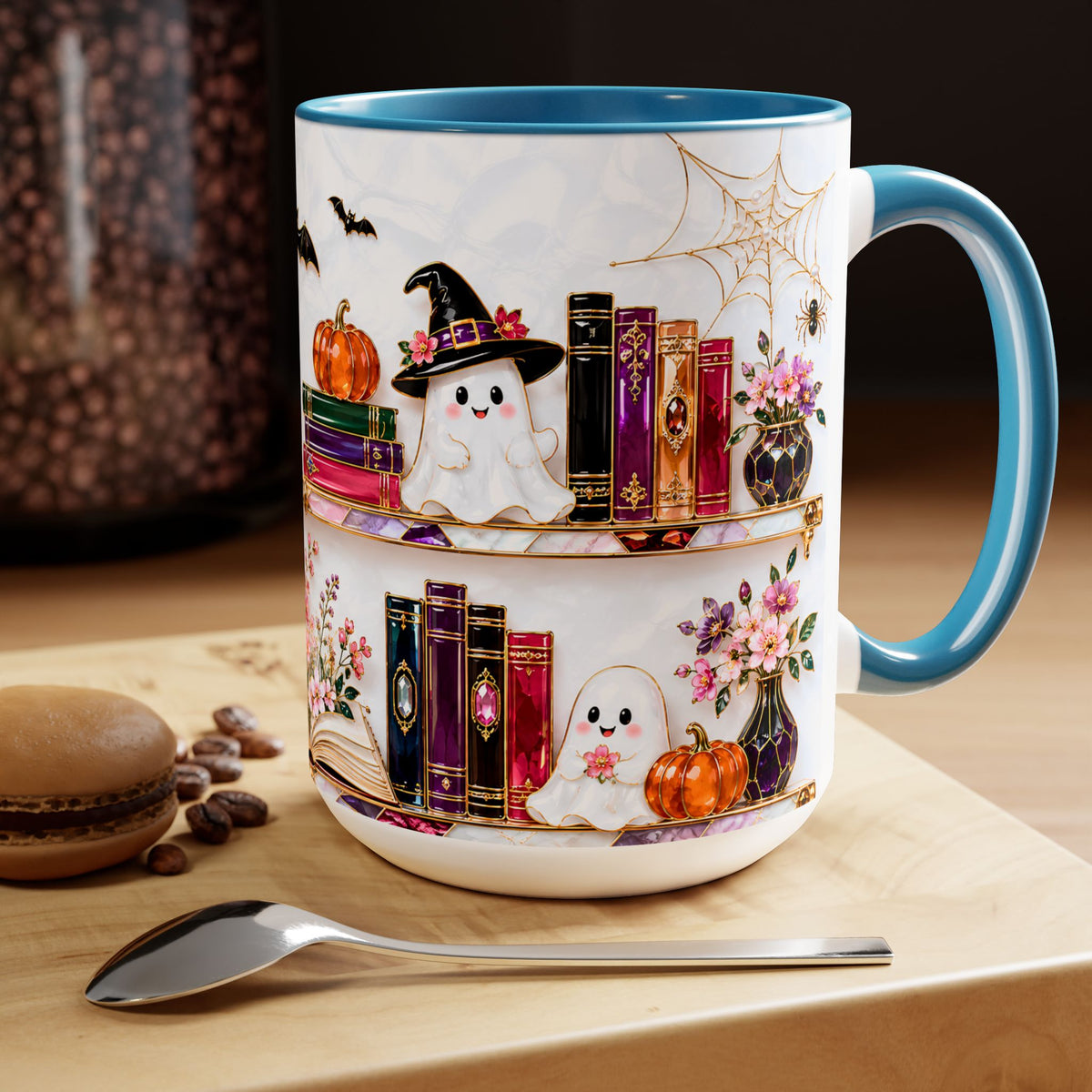 Halloween Ghost Bookshelf Mug, Black Cat Coffee Mug, Book Lover Gift, Witchy Ghost Mug, Spooky Library Cup, Fall Mug, Dark Academia Mug
