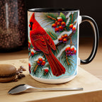 Cardinal Winter Mug, Stained Glass Style Birds on Snowy Branch Mug, Bird Retro Christmas Mug 15oz