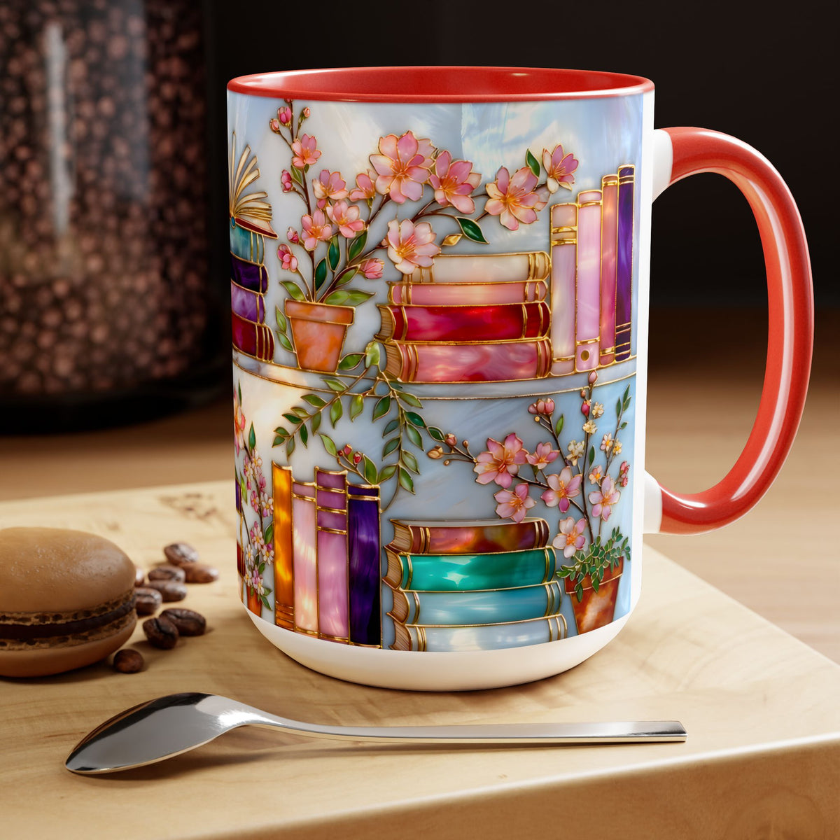 Floral Bookshelf Mug for Book Lovers, Bookish Library Coffee Cup, Black Ceramic 15oz, Stained Glass Style Design