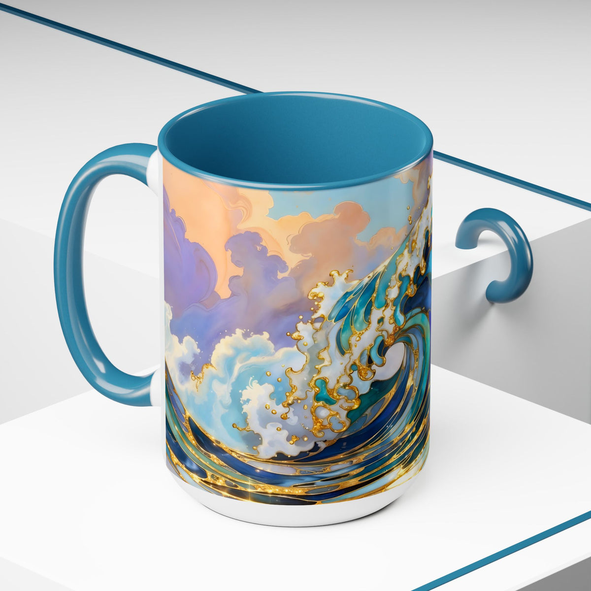 Ocean Waves Stained Glass Style Coffee Mug, Coastal Beach Decor Cup, Nautical Sea Wave Art Mug 15oz