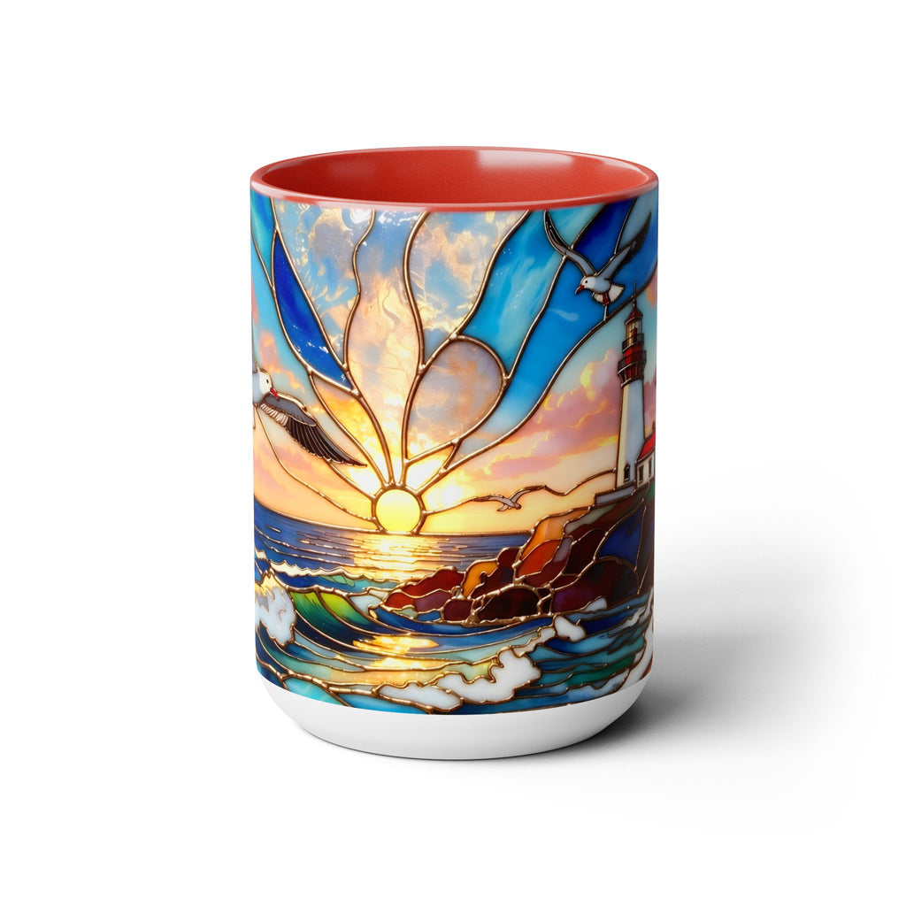 Lighthouse Sunset Mug, Coastal Stained Glass Style Coffee Cup, Nautical Coffee Mug 15oz