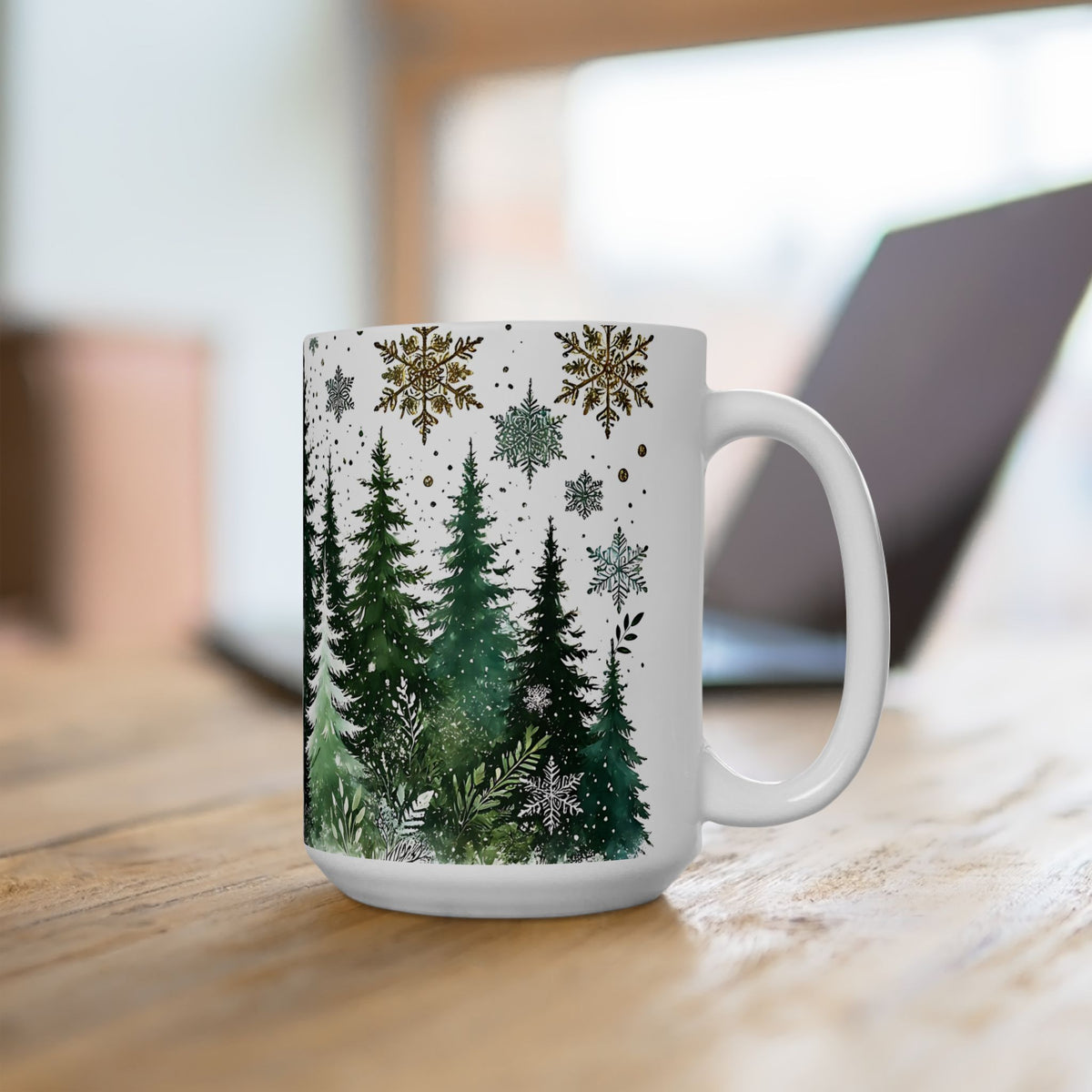 Snowy Pine Tree Winter Scene Mug, Evergreen Mug, Winter Themed Forest Coffee Mug, Cozy Christmas Gift for Forest Lovers, Holiday Gift 15oz