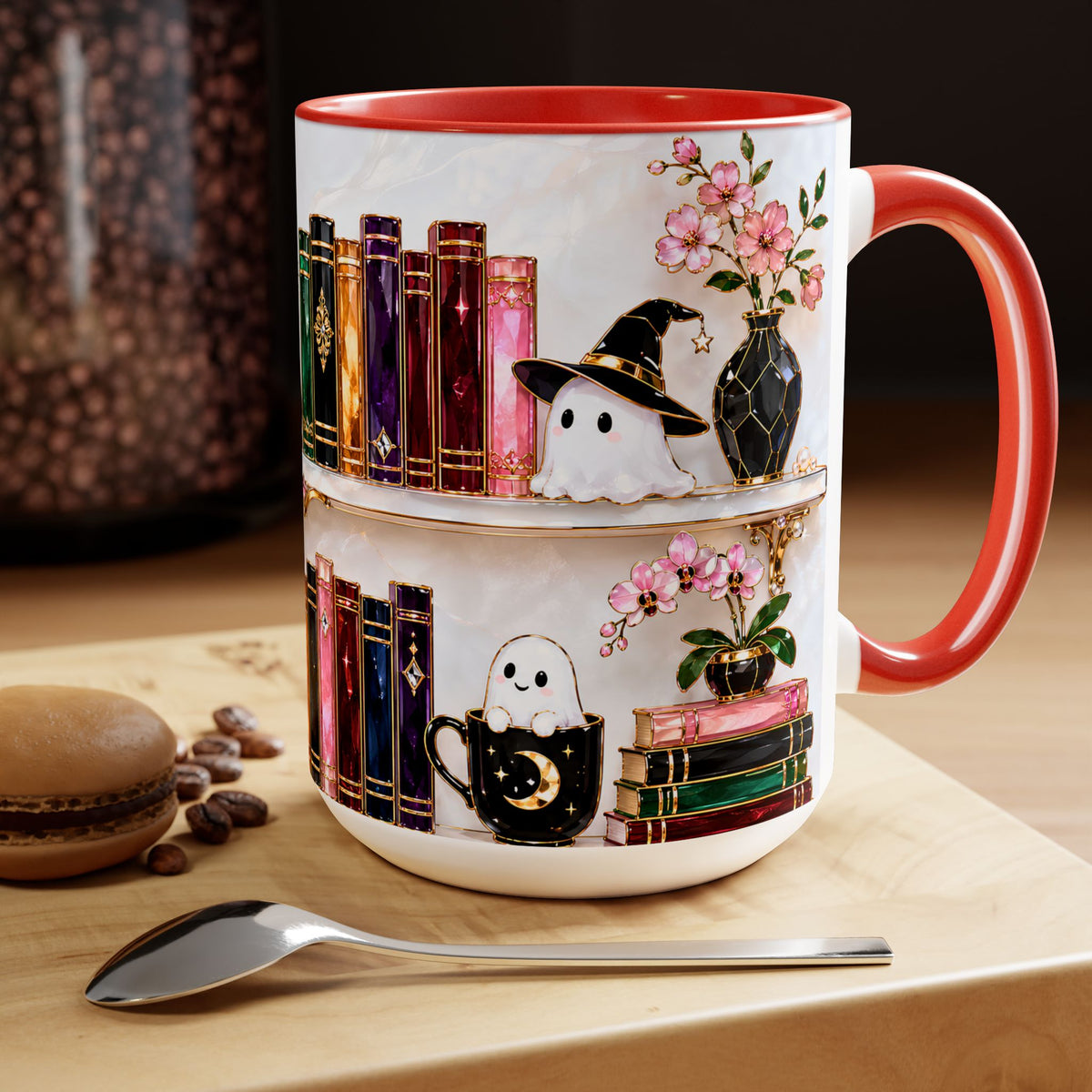 Halloween Ghost Bookshelf Mug, Black Cat Coffee Mug, Witchy Ghost Mug, Book Lover Gift, Spooky Library Mug, Pink Floral Bookshelf Mug 15oz