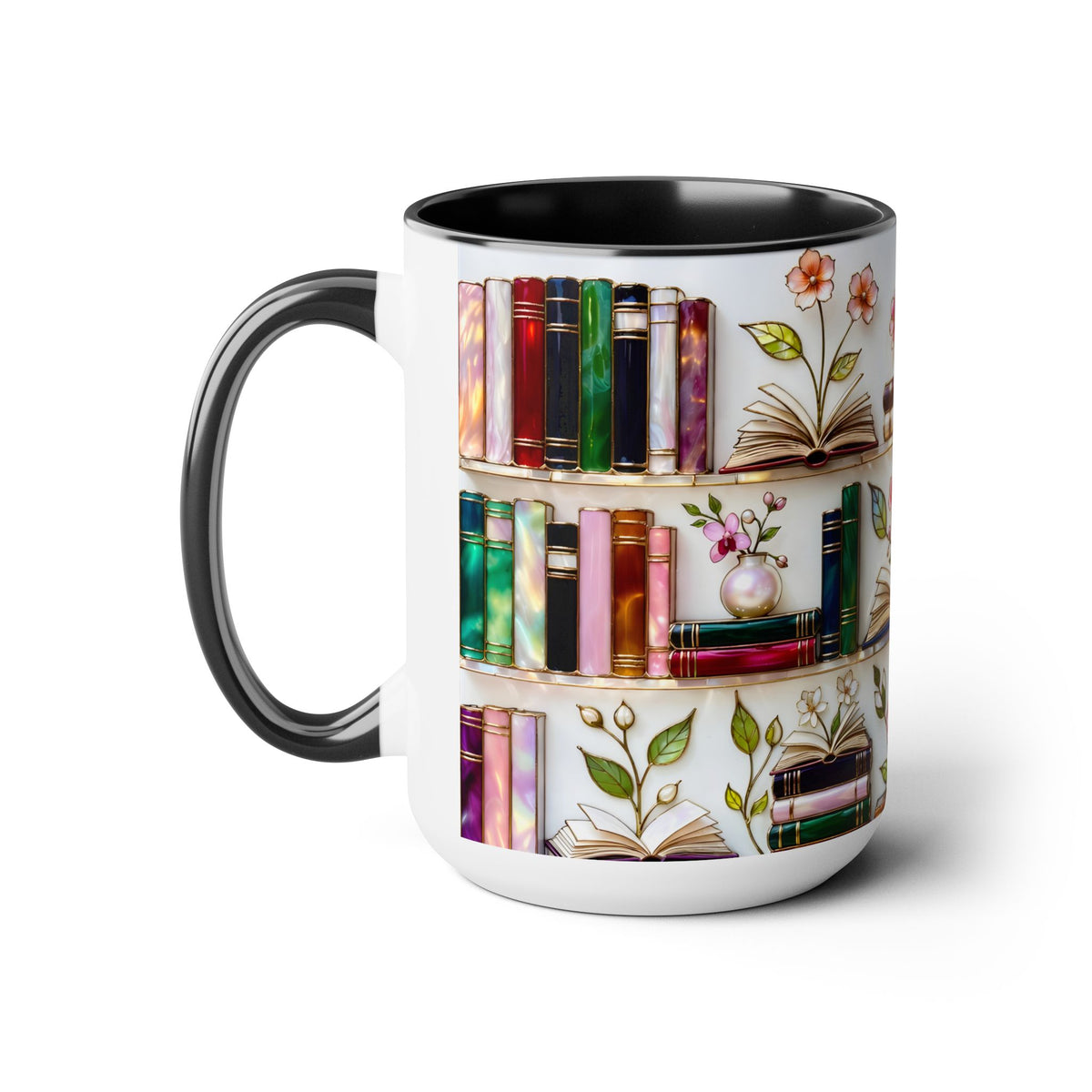 Stained Glass Bookshelf Mug, Book Lover Gift, Floral Bookish Cup, Library Aesthetic Mug, Ceramic Accent Mug, Reader Gift, Cozy Book Mug