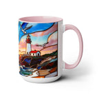 Lighthouse Sunset Mug, Coastal Stained Glass Style Coffee Cup, Nautical Coffee Mug 15oz
