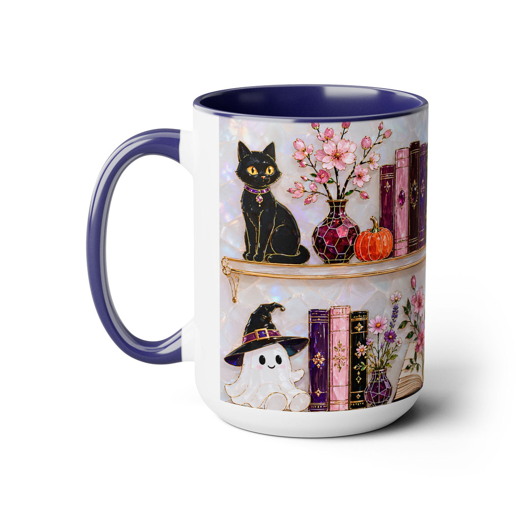Halloween Ghost Bookshelf Mug, Cute Ghost Coffee Mug, Book Lover Gift, Pink Halloween Mug, Witchy Books Mug, Black Cat Mug, Fall Coffee Cup