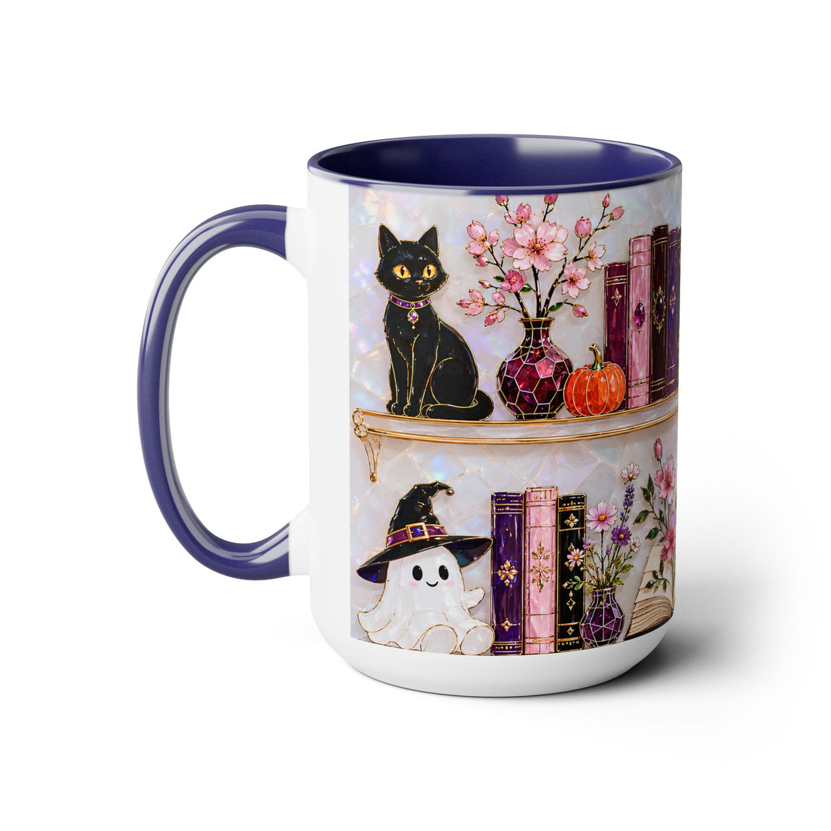 Halloween Ghost Bookshelf Mug, Cute Ghost Coffee Mug, Book Lover Gift, Pink Halloween Mug, Witchy Books Mug, Black Cat Mug, Fall Coffee Cup