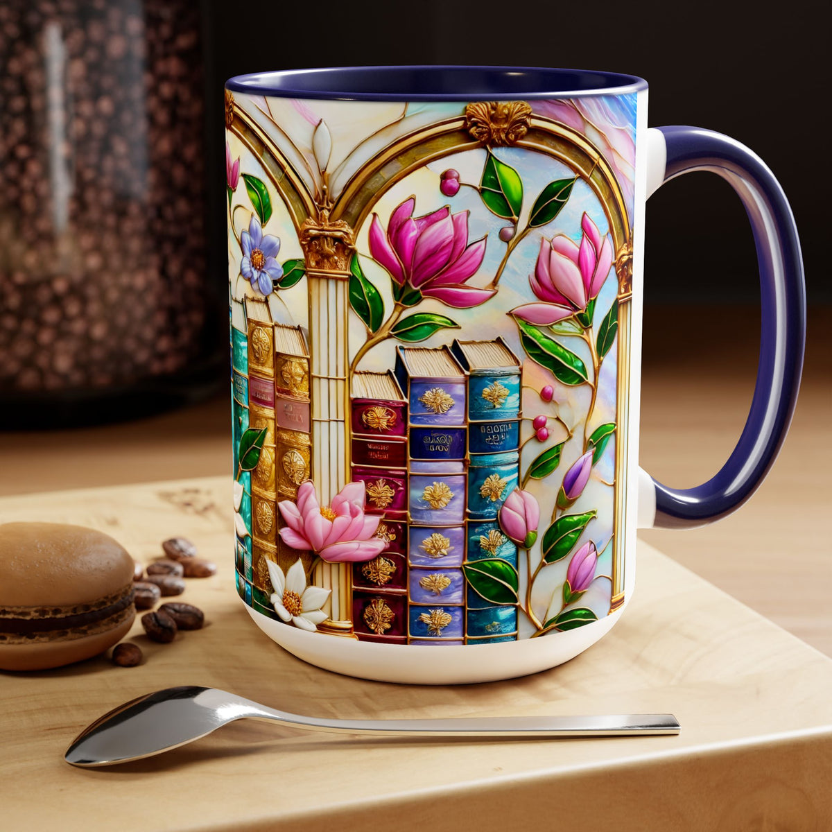 Floral Bookshelf Coffee Mug, Bookish Faux Stained-Glass Mug, Book Lover Gift, Reading Mug for Women, Library Aesthetic Cup 15oz