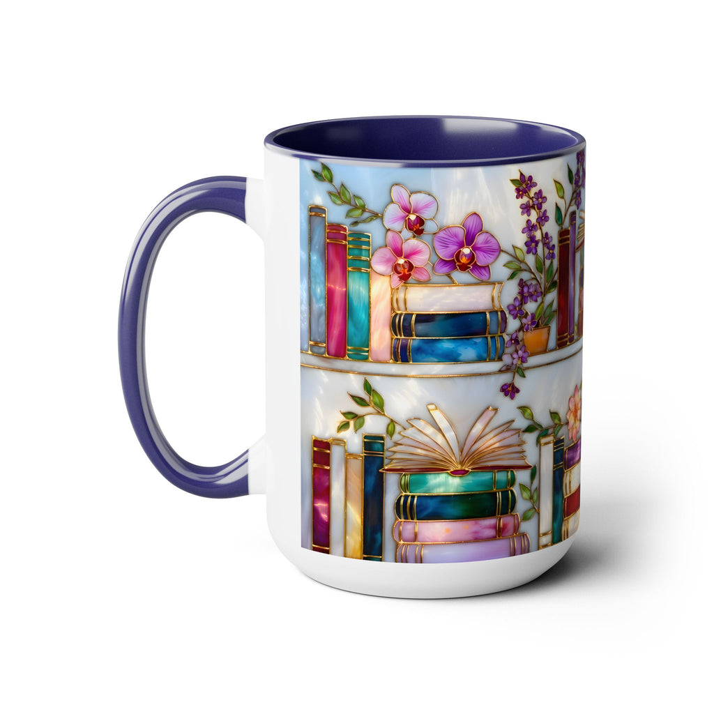 Floral Bookshelf Mug for Book Lovers, Bookish Library Coffee Cup, Black Ceramic 15oz, Stained Glass Style Design