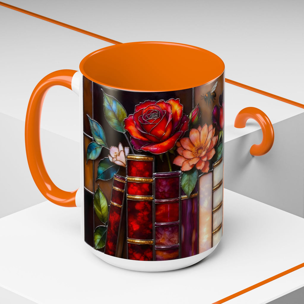 Floral Stained Glass Style Book Mug, Bookshelf Floral Ceramic Mug 15oz, Elegant Book Lover Gift, Garden Book Lover Gift