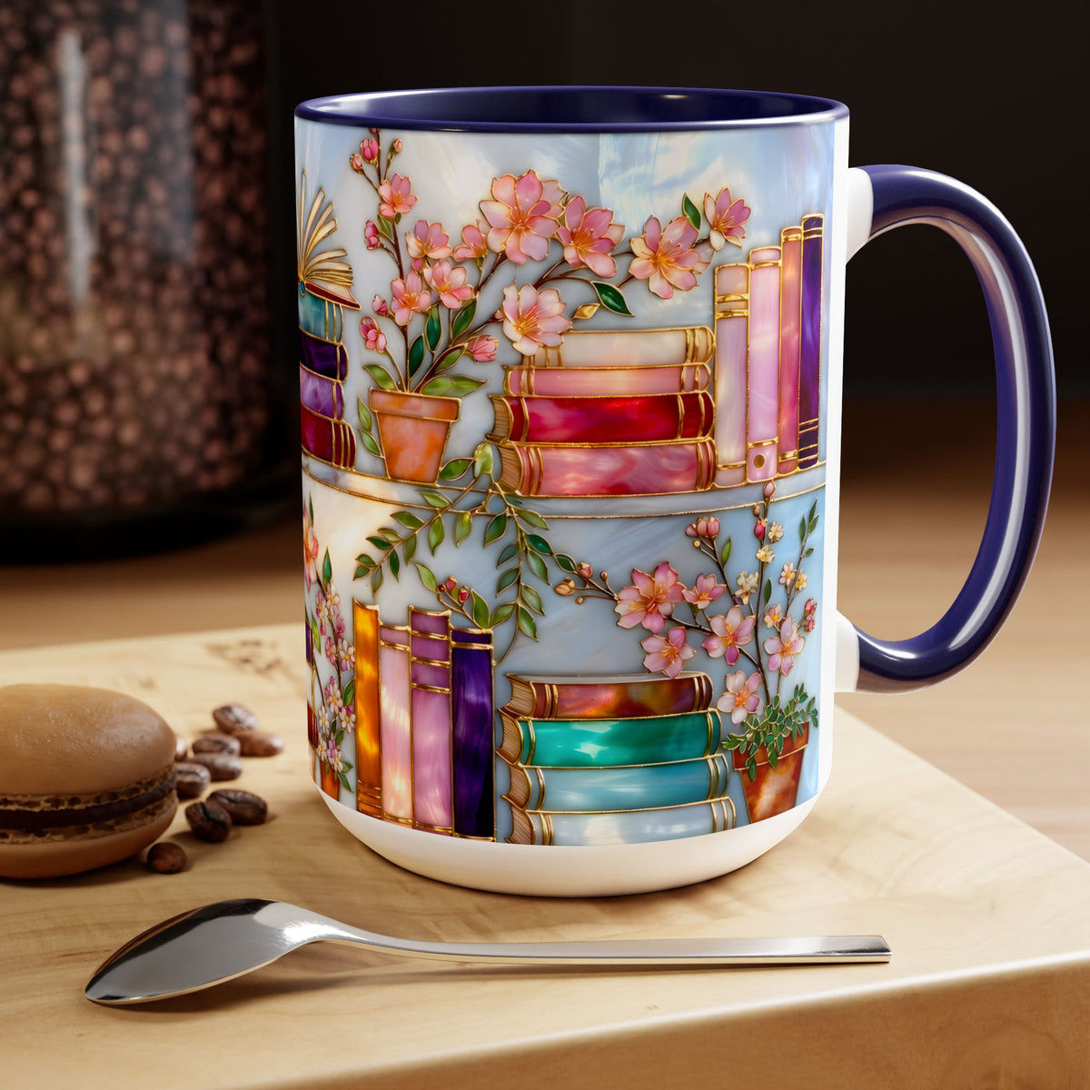 Floral Bookshelf Mug for Book Lovers, Bookish Library Coffee Cup, Black Ceramic 15oz, Stained Glass Style Design